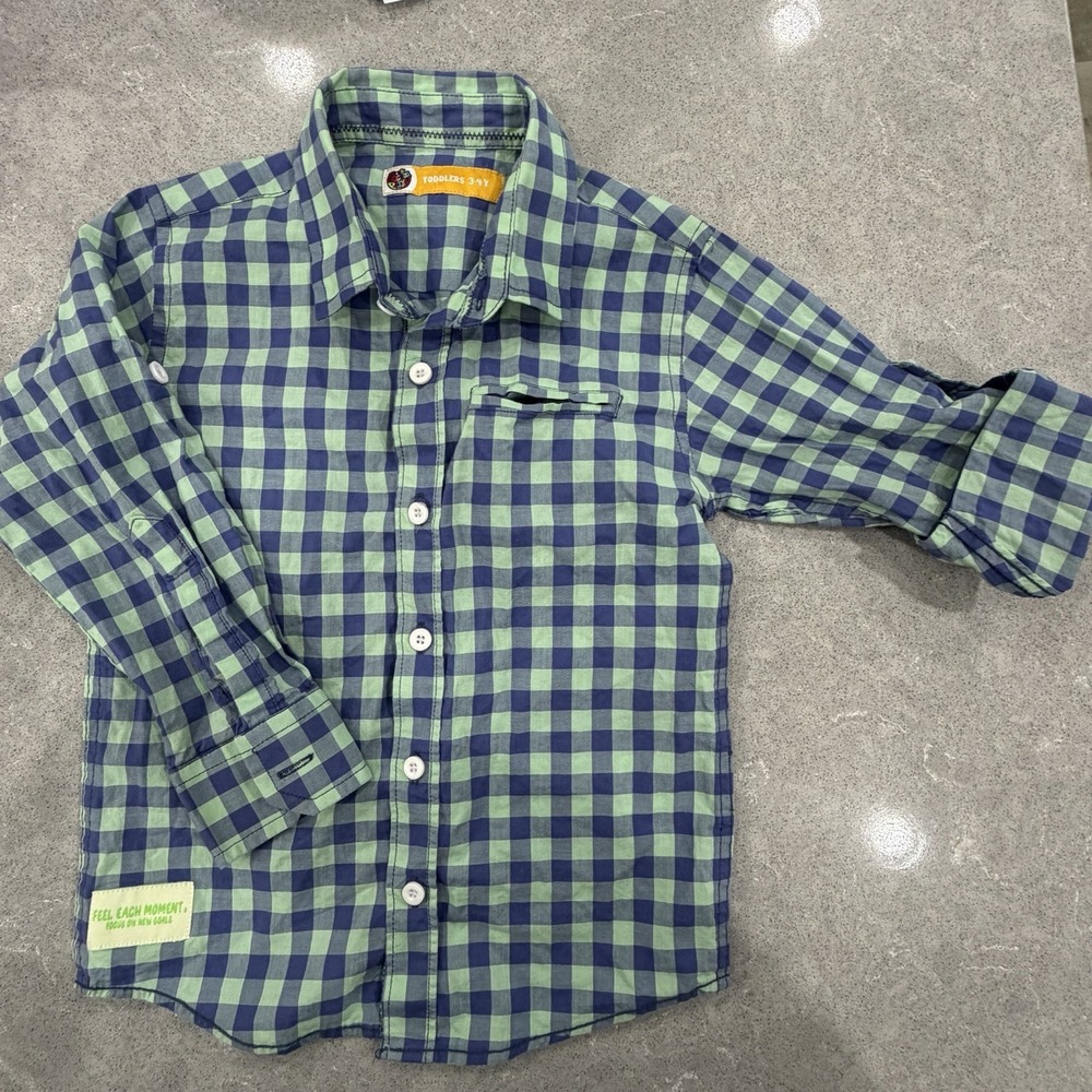 Bachaa Party Boys Green Blue Checked Button Down Toddler 3-4 Shirt